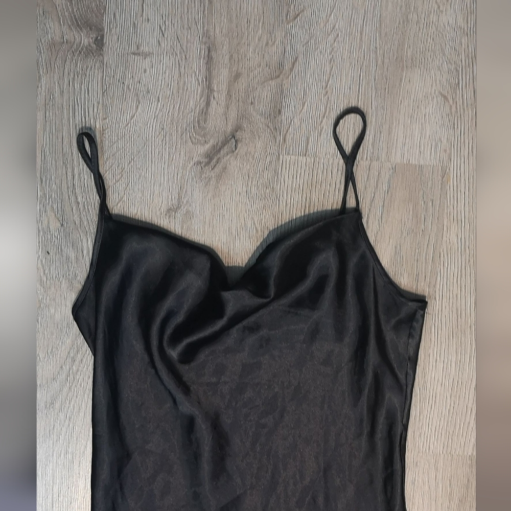 Vintage | Black Slip Satin Cowl Neck Spaghetti Strap Midi Dress - Picture 8 of 12
